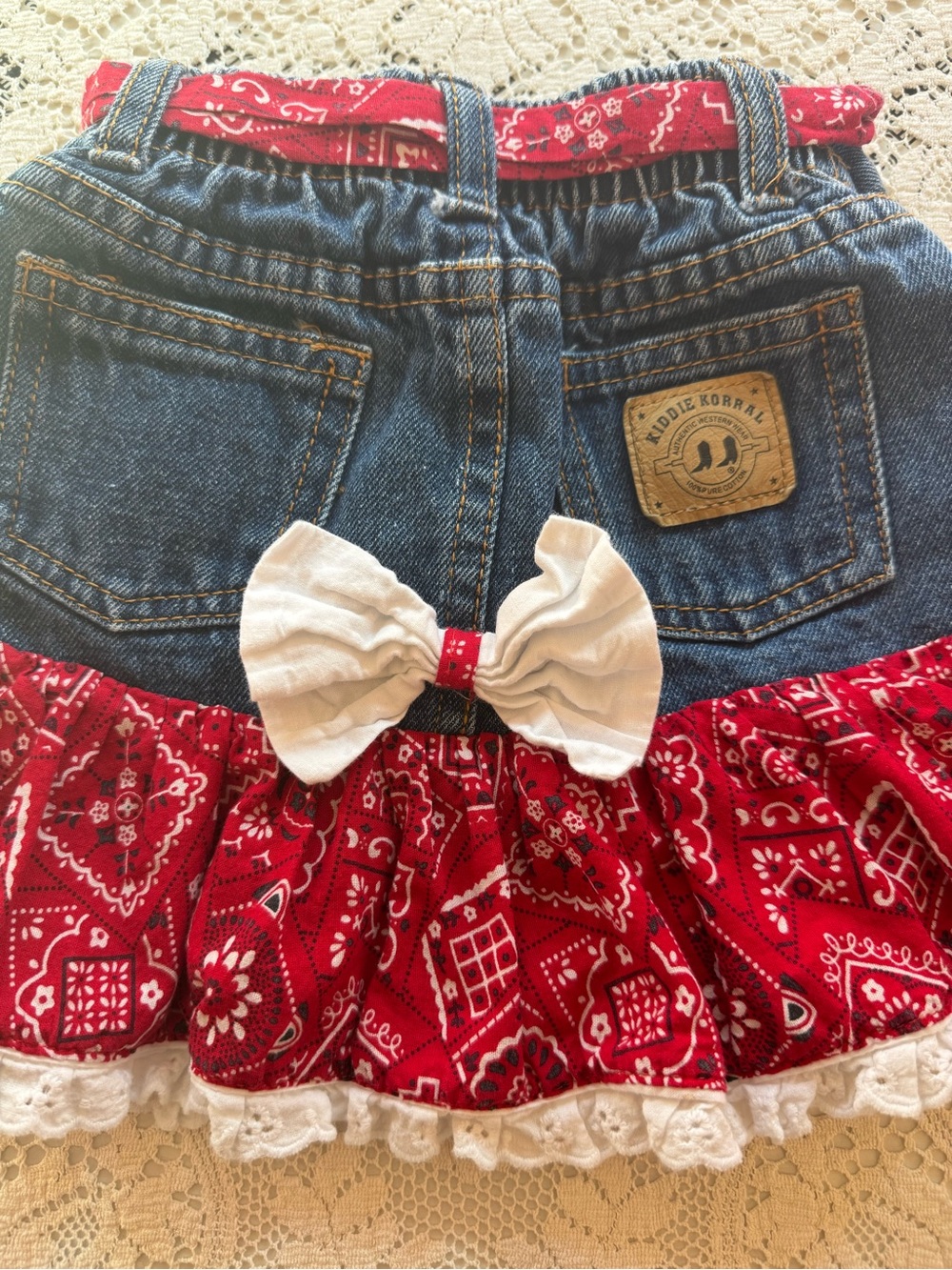 Girls' Denim Skirt with Red Bandana Ruffle and White Bow